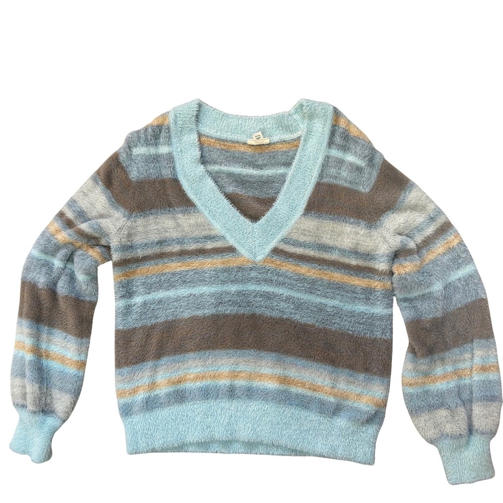 A.N.A Soft Girl Fuzzy Striped V-Neck Sweater Large Blue Brown Pastel Indie